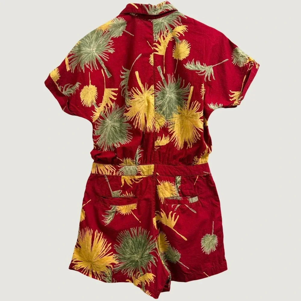 Free People Malibu Romper Red Tropical Palm Print Short Sleeve Women's XS